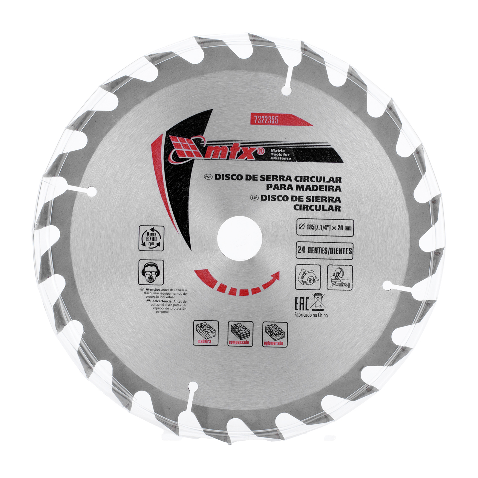 DISCO SERRA CIRCULAR, 185MM (7,1/4POL.) X 20MM, 24 DENTES, 1PC // MTX