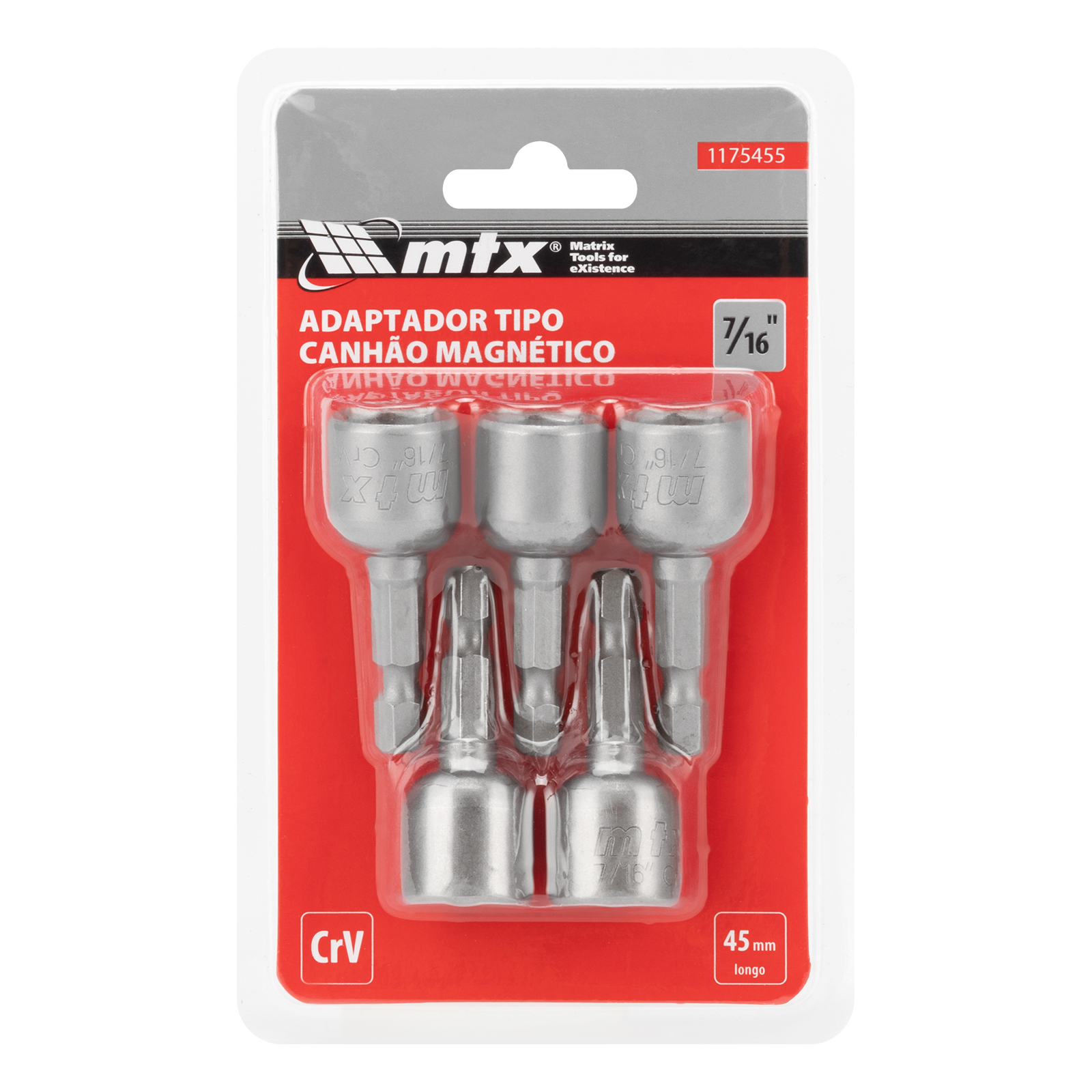 SOQUETE MAGNETICO, PARA PARAFUSADEIRA D 7/16 POL - L 45 MM, 5 PCS//MTX