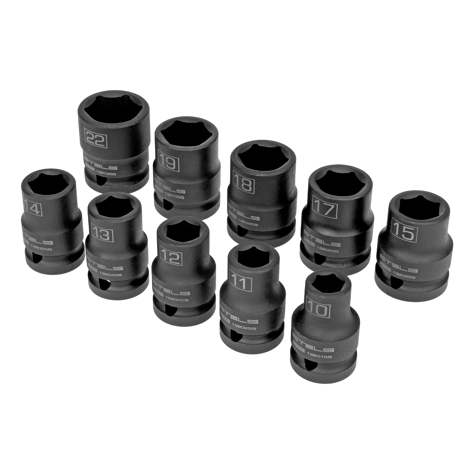 JOGO SOQUETE IMPACTO ENCAIXE 1/2POL CRMO 10-22MM 10PCS // STELS